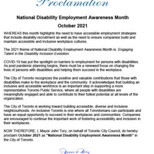 A document image. A Toronto Mayoral Proclamation of National Disability Employment Awareness Month in the City of Toronto.