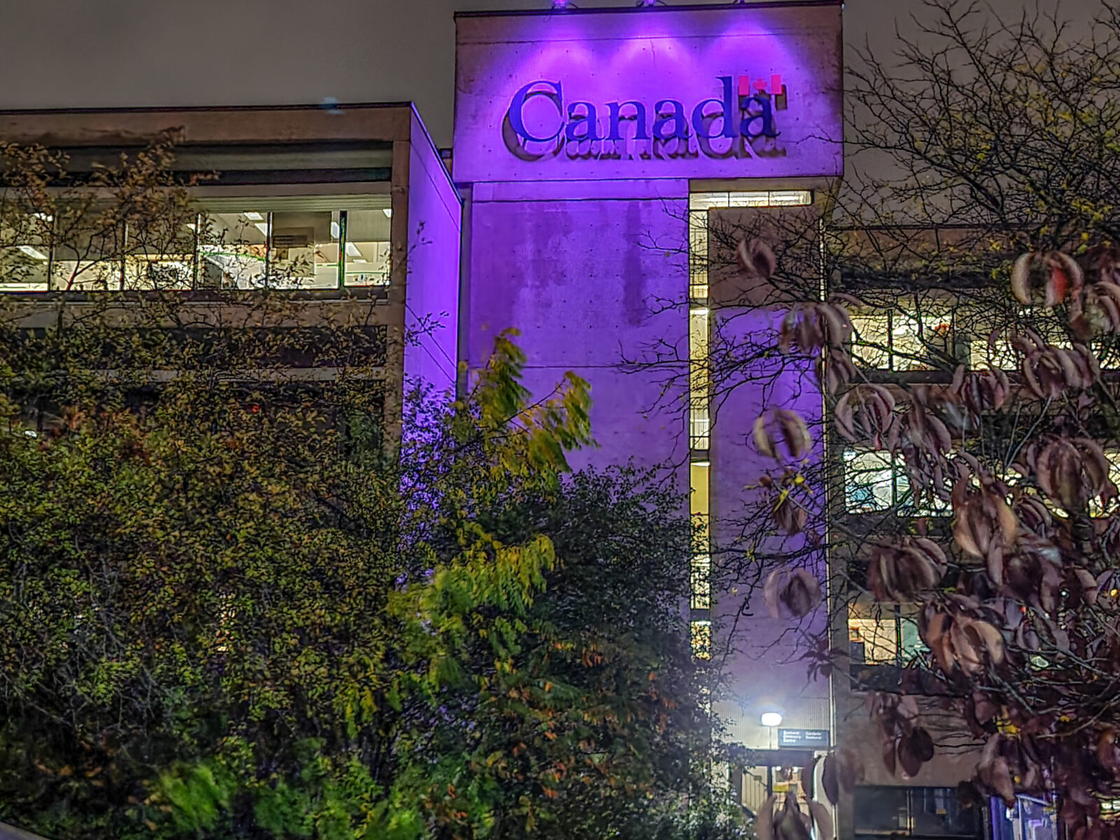 The Environment Canada building in Toronto lit purple and blue. The building wall glowing purple, and the "Canada" sign, are seen through a gap in trees that line the driveway to the building.