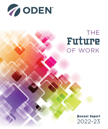 ODEN Logo on top right, Text The Future of Work with colourful shapes blended together